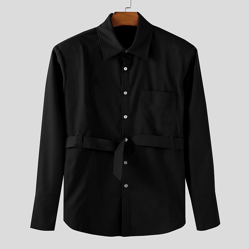 INCERUN S-5XL Men Casual Lapel Neck Long Sleeve Buttons Up Belt Shirts Tops