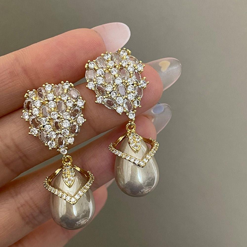 Pearl Crystal Stud Earrings Pendant Vintage Long Earrings Rhinestone Drop Earrings Girls Gift