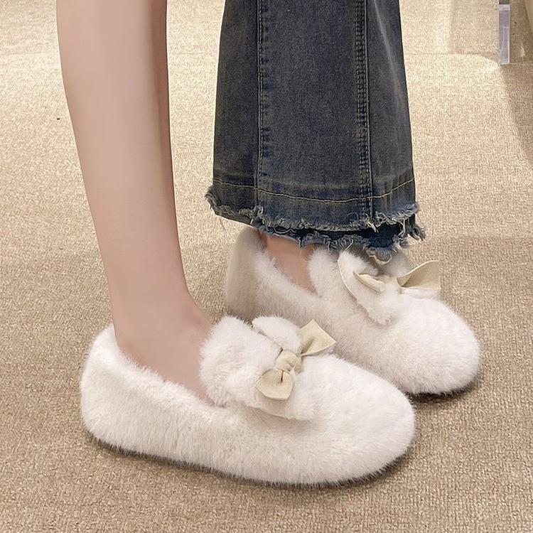 Fashion Flat-bottomed One-pedal Velvet Doudou Cotton Shoes for Women To Wear New Autumn and Winter Bow Warm Fluffy Shoes