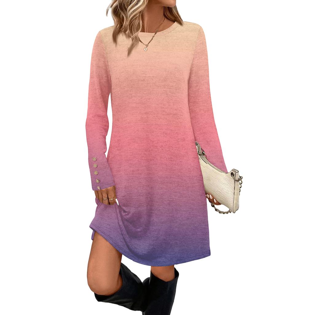 Damenmode Freizeitkleid mit Tasche, dekorativen Knöpfen, Rundhalsausschnitt und langen Ärmeln
