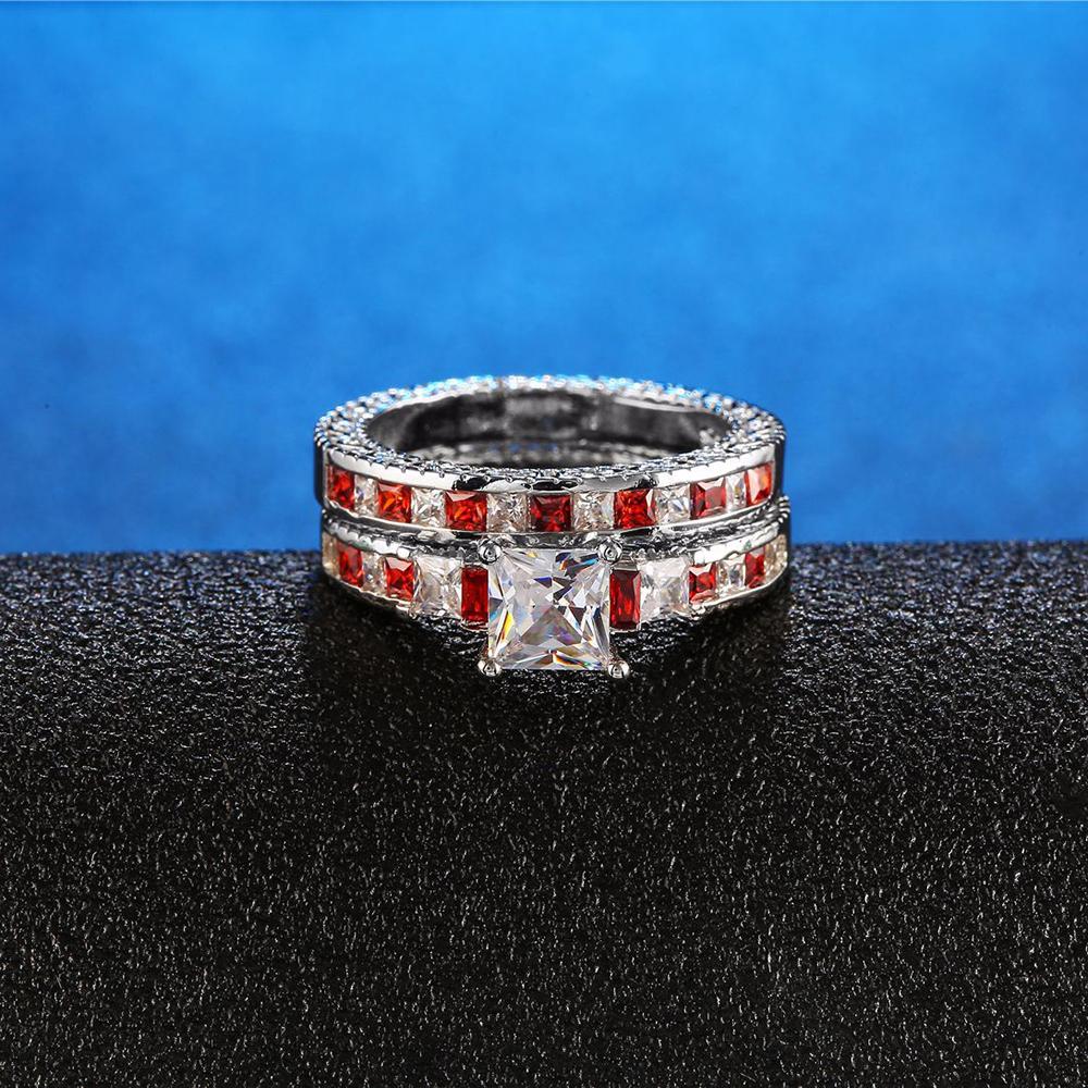 WOSIKATE  CopperSquare Zirconia Ruby Wedding Band For Women Fashion Jewelry Engagement Gift Ring Set Finger Ring Accessories