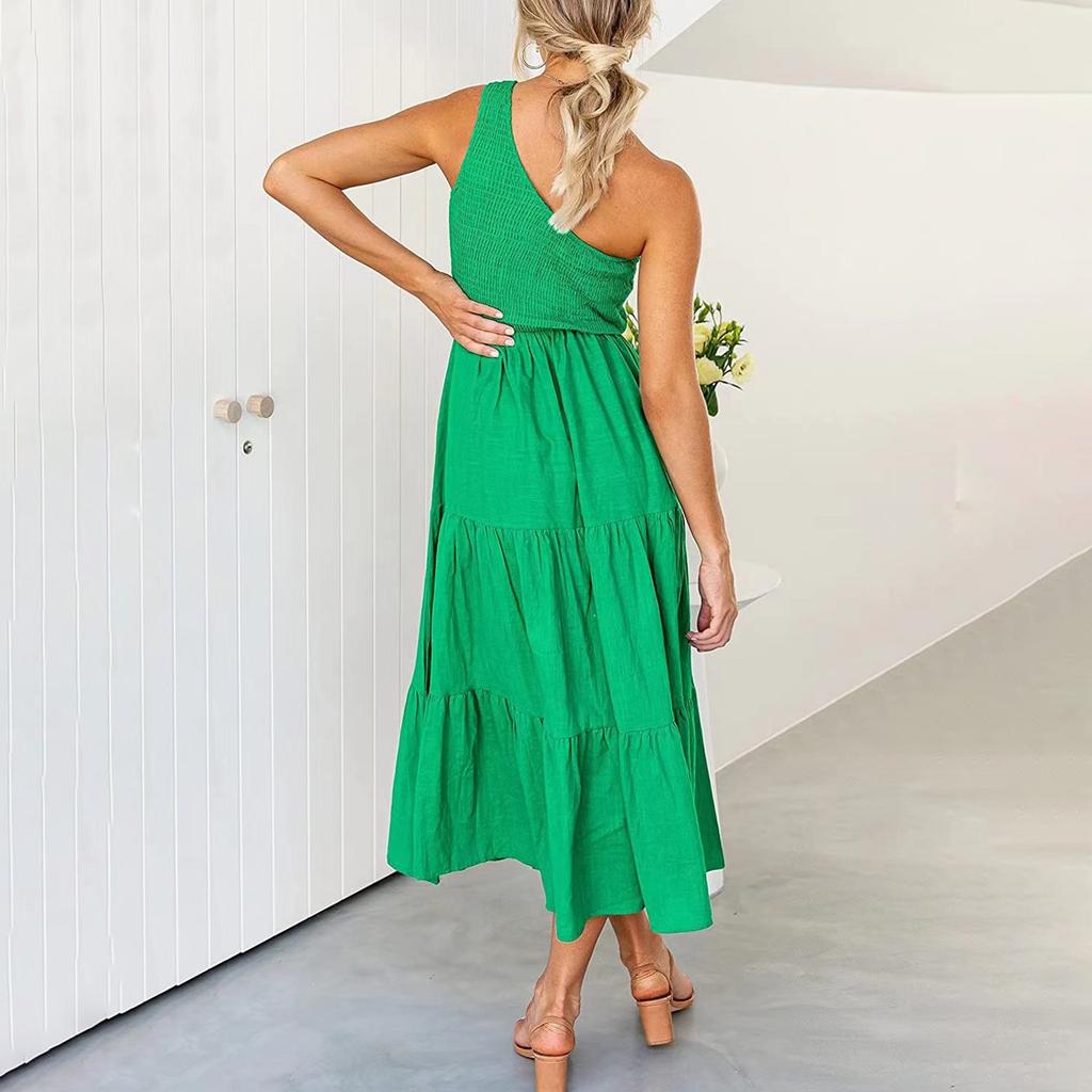 Women's Fashion Casual One Shoulder Pleated Color Medium Length Dress