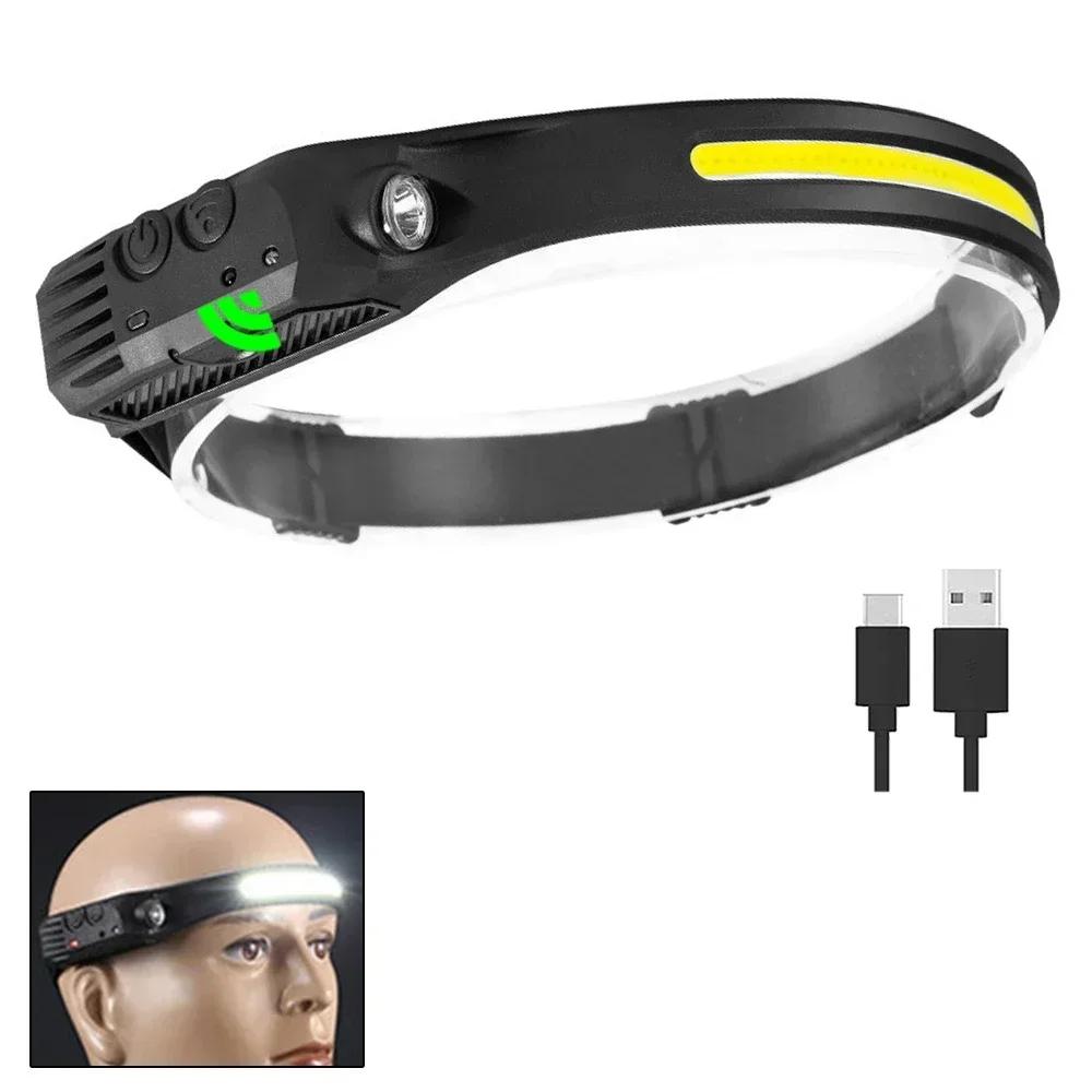 LED Sensor Headlamp Built-in Battery USB Rechargeable COB Head Flashlight Headlight LED Head Torch Camping Fishing Search Light