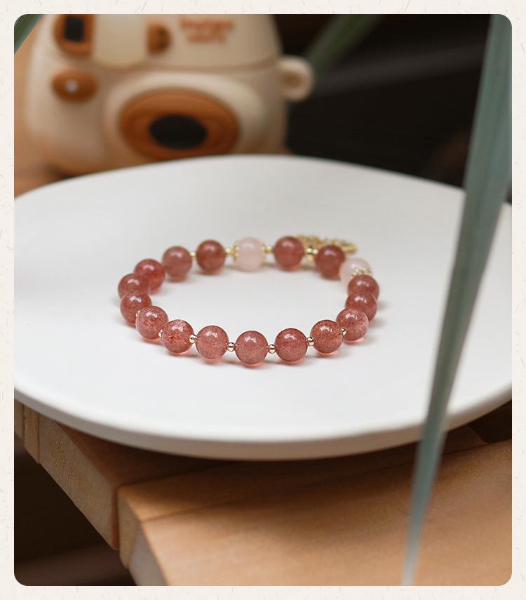 Women's 5A Grade Natural Strawberry Quartz Beaded Bracelet with Fishtail Charm - Cute & Sweet Crystal Jewelry
