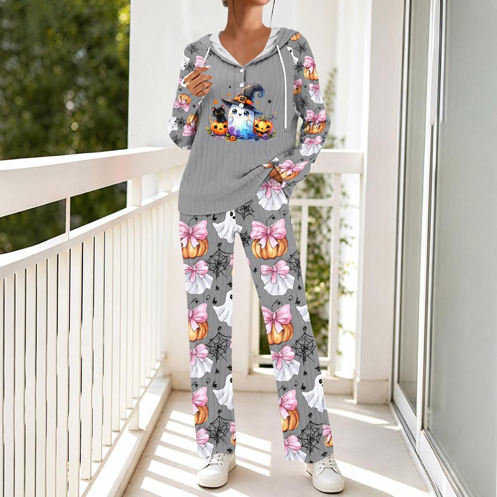 Women's Halloween Print Pajama Set, V-Neck Long Sleeve Hooded Loose Fit Sleepwear with Pockets