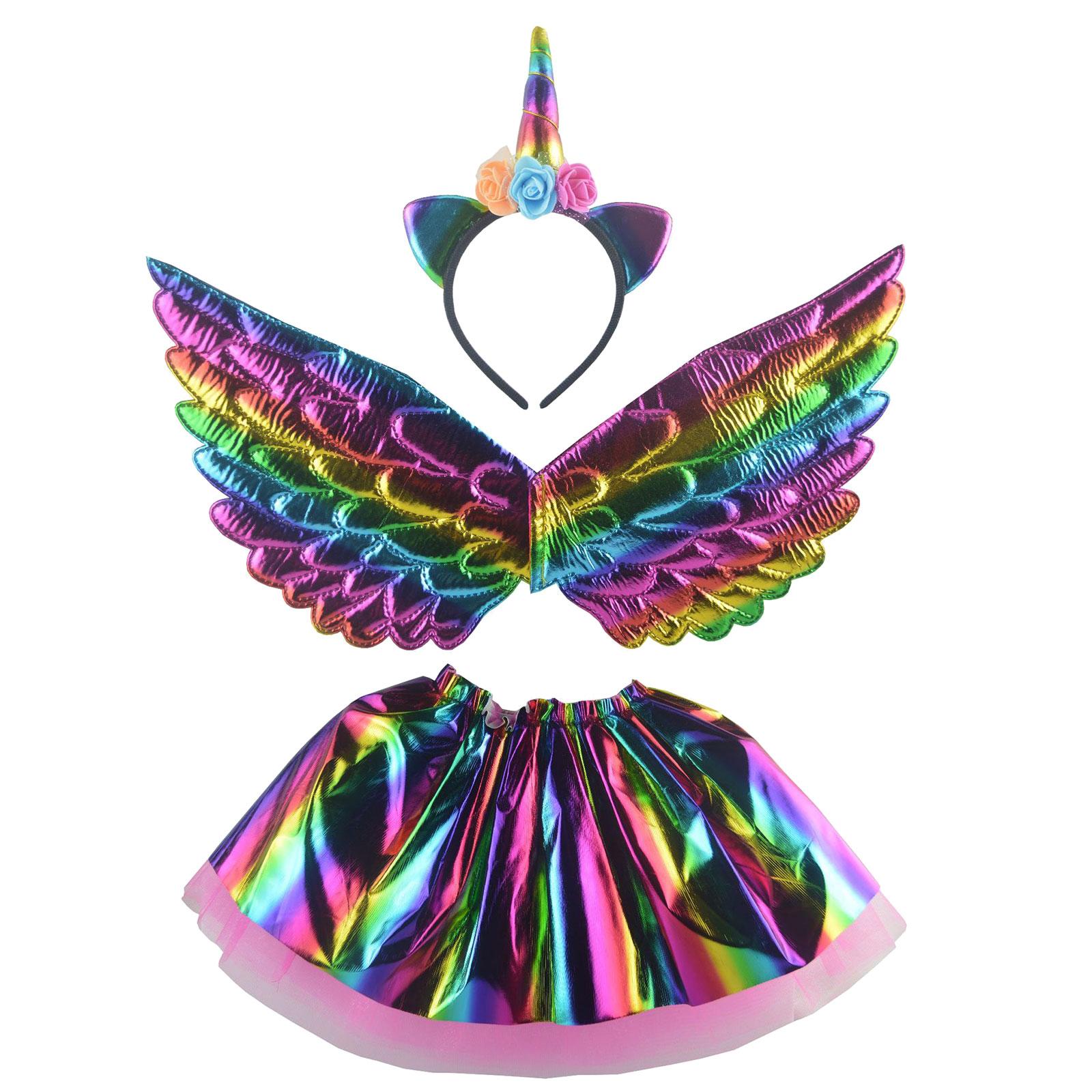 

Комплект костюма единорога для девочек, юбка с повязкой на голову и крыльями, гибкое детское детское платье с крыльями единорога, сувениры на Хэллоуин, Рождественскую вечеринку, летнее платье разноцветный