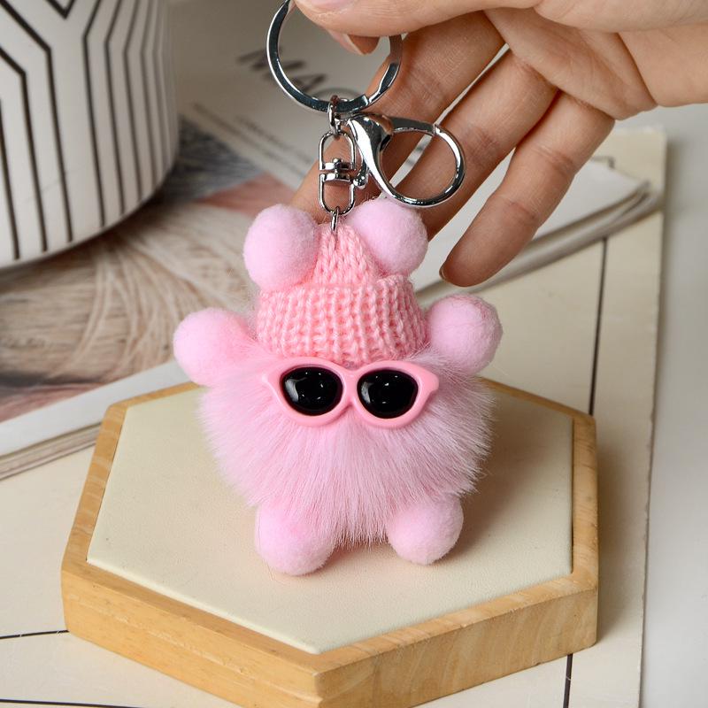 Faux Fur Plush Ball Keychain Ornament - Cartoon Doll Design
