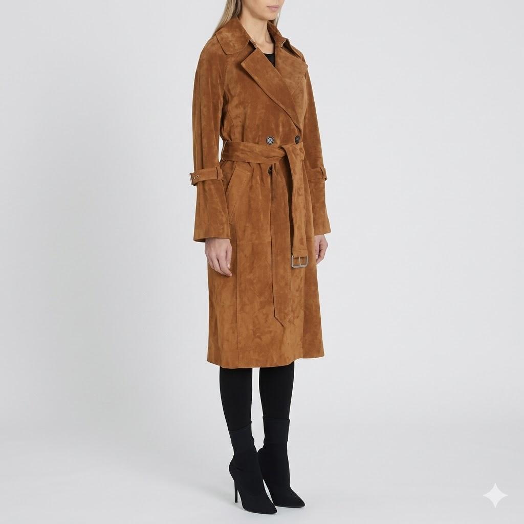 Brown Genuine Suede Lambskin Leather Women's Party Stylish Handmade Trench Coat
