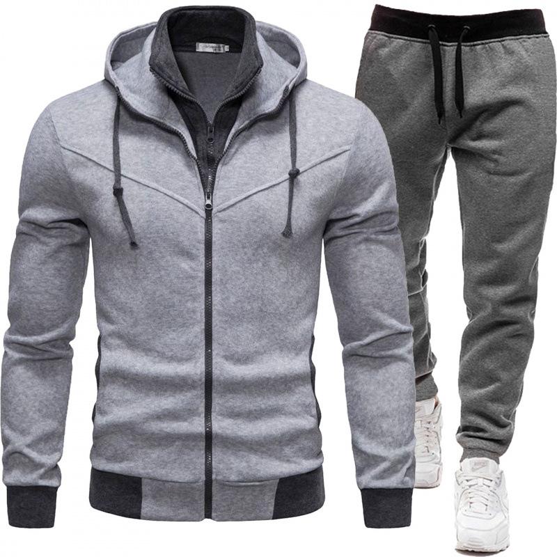 2026 Men's Sporty Patchwork Hooded Jacket and Long Pants Set for Autumn/Winter