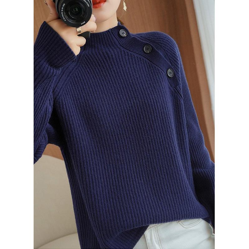 

Semi-turtleneck loose knitted sweater women s top autumn and winter new lazy style button temperament versatile bottoming sweater 07147 average size [90-65kg] тёмно-синий