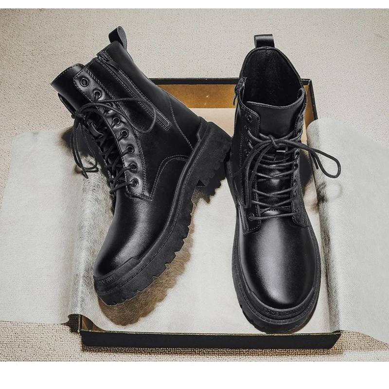 Fashion 2025 Men's British-Style Chelsea Combat Boots Mid-Calf Leather Work Shoes Side Zipper Wide Fit Non-Slip Comfort Footwear for Men