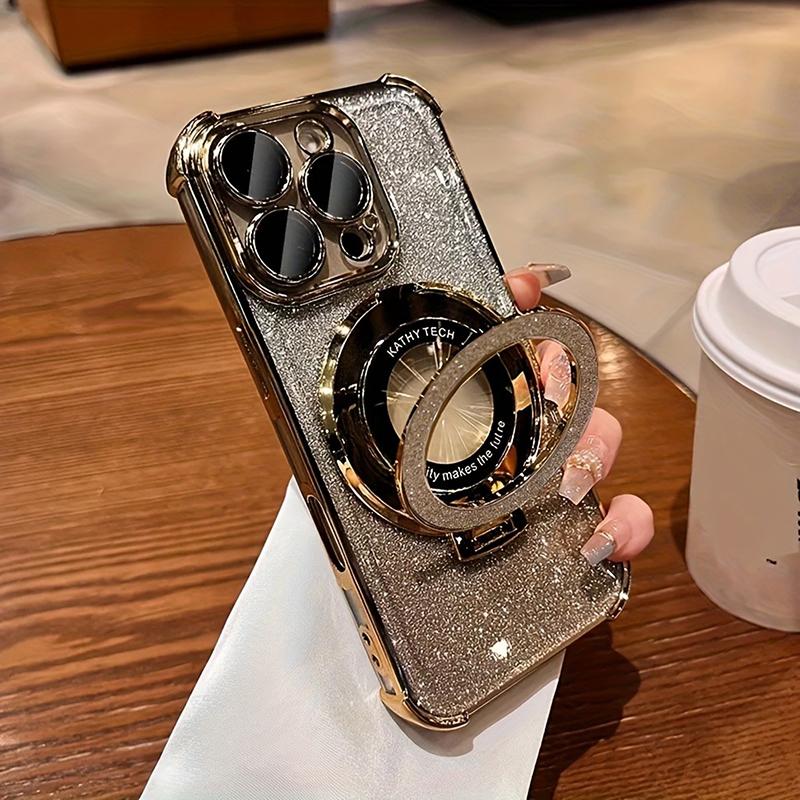 Luksus Plating Magnetisk Holder Glitter Deksel for iPhone 17 Air 16 15 14 13 12 11 Pro Max Plus Trådløs Lading Gjennomsiktig Deksel