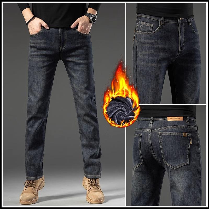 Spring And Autumn Winter New Men'S Plush/Regular Jeans Slimming Straight Stretch Business Versatile Long Pants