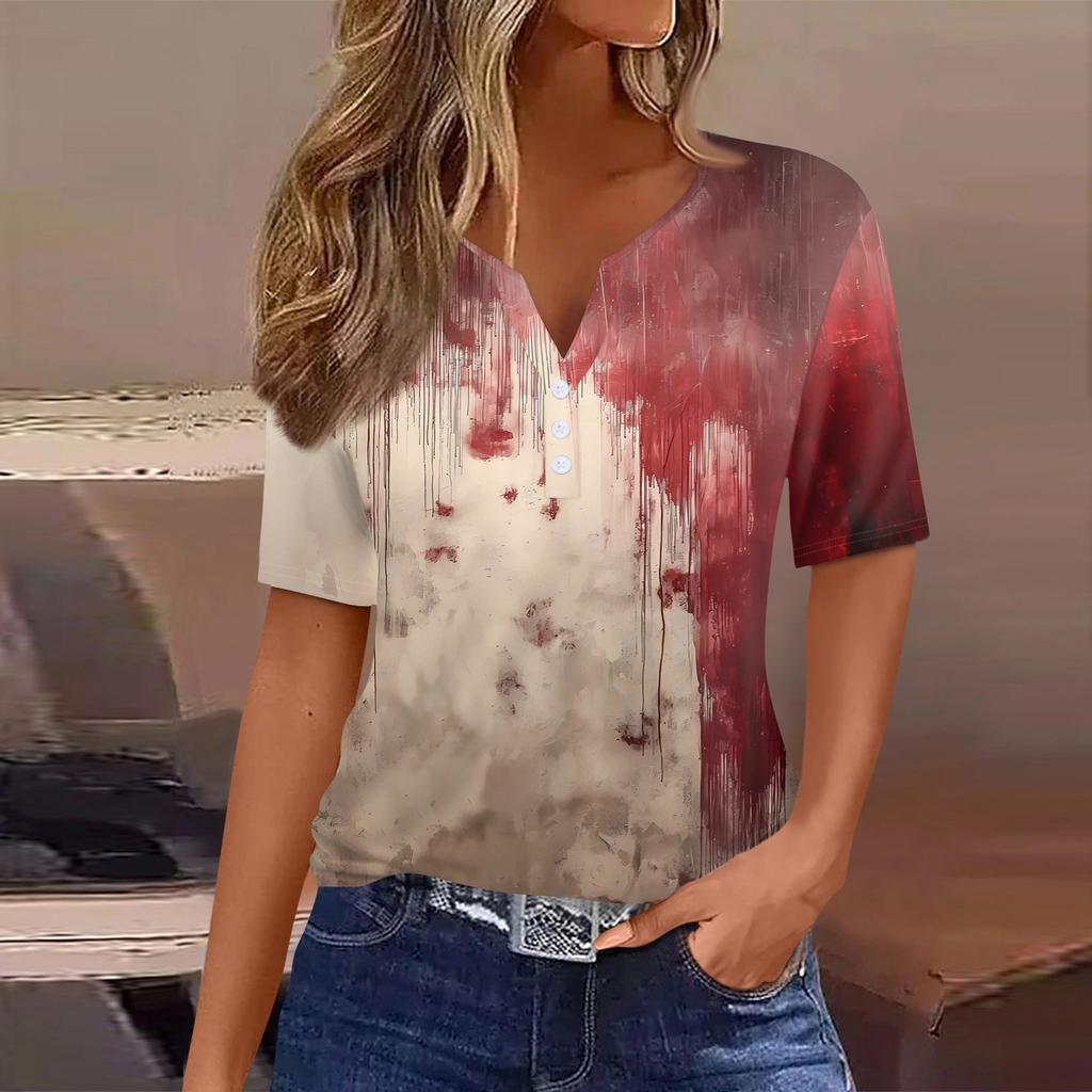 Women's T Shirt Halloween Print Button Short Sleeve Daily Weekend Fashion Basic V- Neck Regular Top