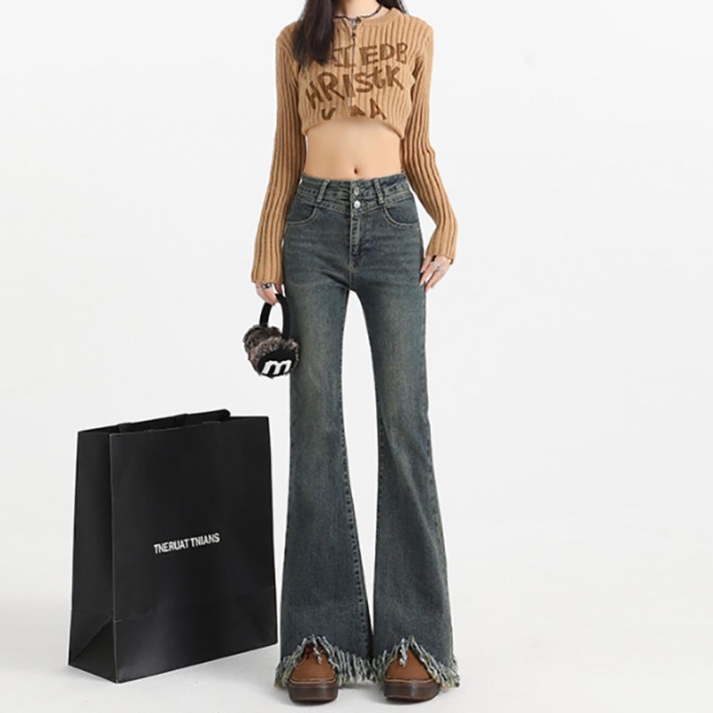 Micro-pull Jeans Women's Spring and Autumn New High-waisted Thin Retro Rough Edge Fringed Thin Flared Jeans