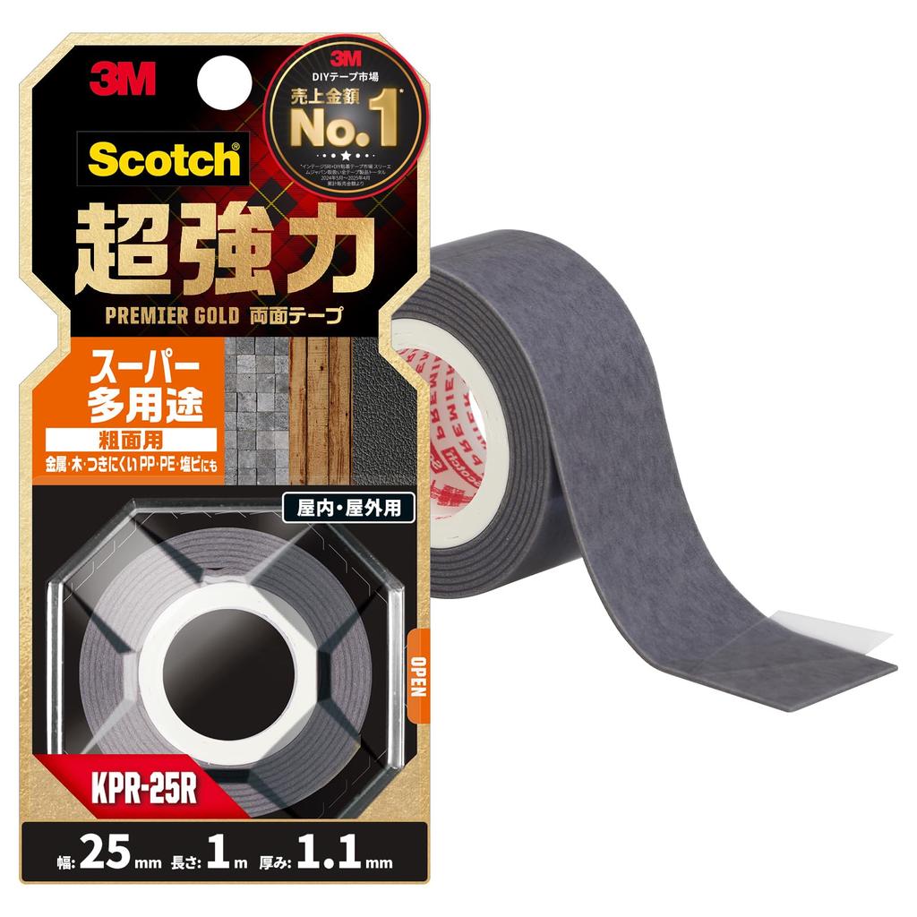 3M Scotch Premier Super for Rough 25mm 1m Ultra-Strong Double-Sided Tape, Gold, Multi-Purpose, Surfaces, Width, Length, KPR-25R