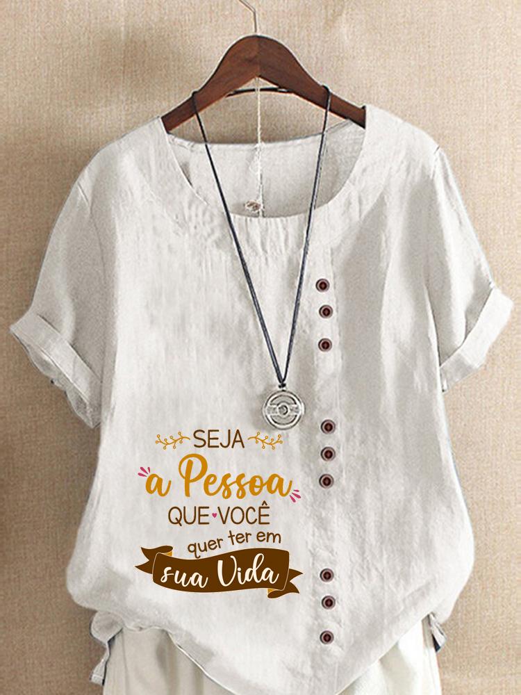 Women's Fashion Letter Print Round Neck Short Sleeve T-shirt Casual Cotton Linen Graphic Shirt Leisure Loose Summer Blouse Tops