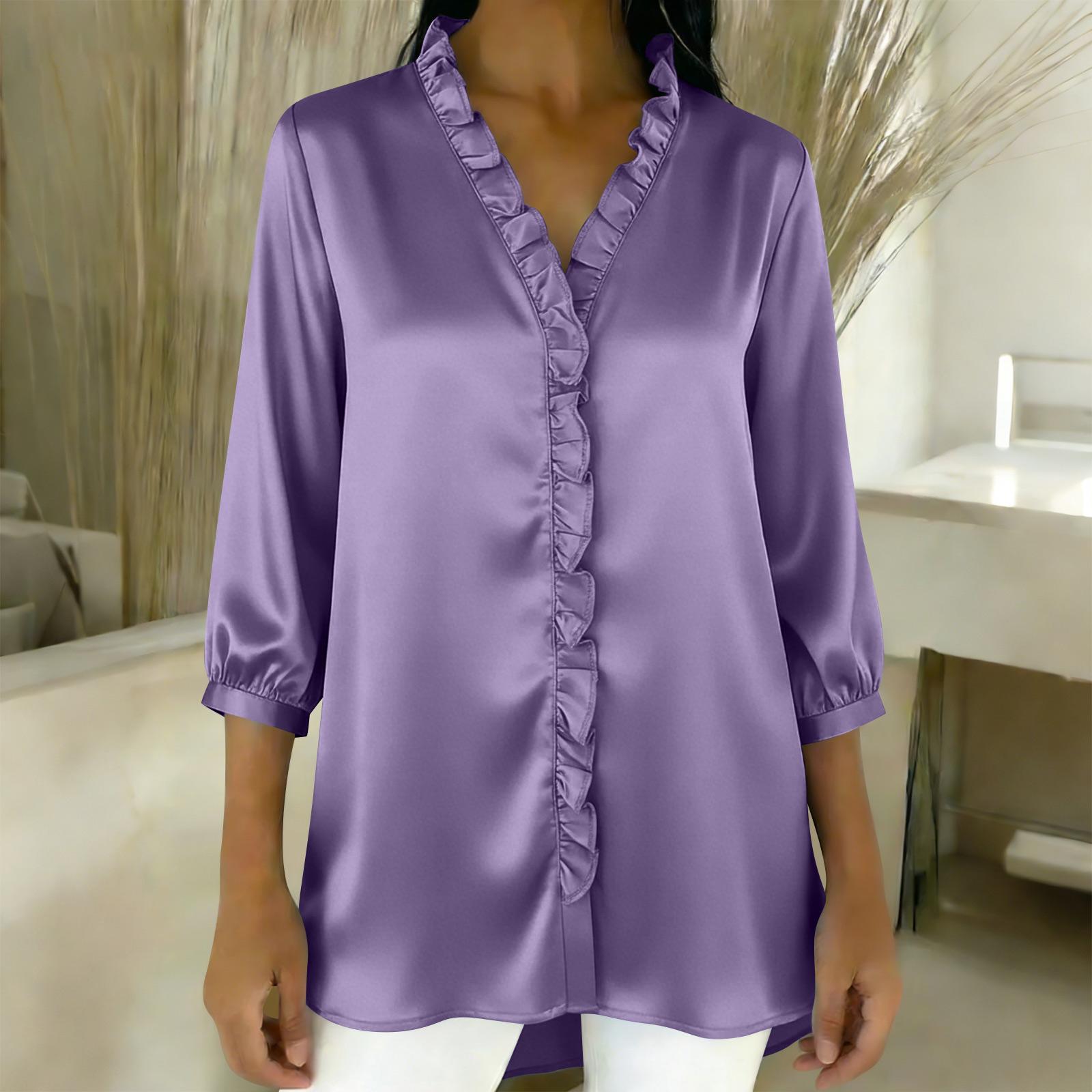 Ladies  Fashionable and Elegant Ruffled Collar Satin Blouse S фиолетовый