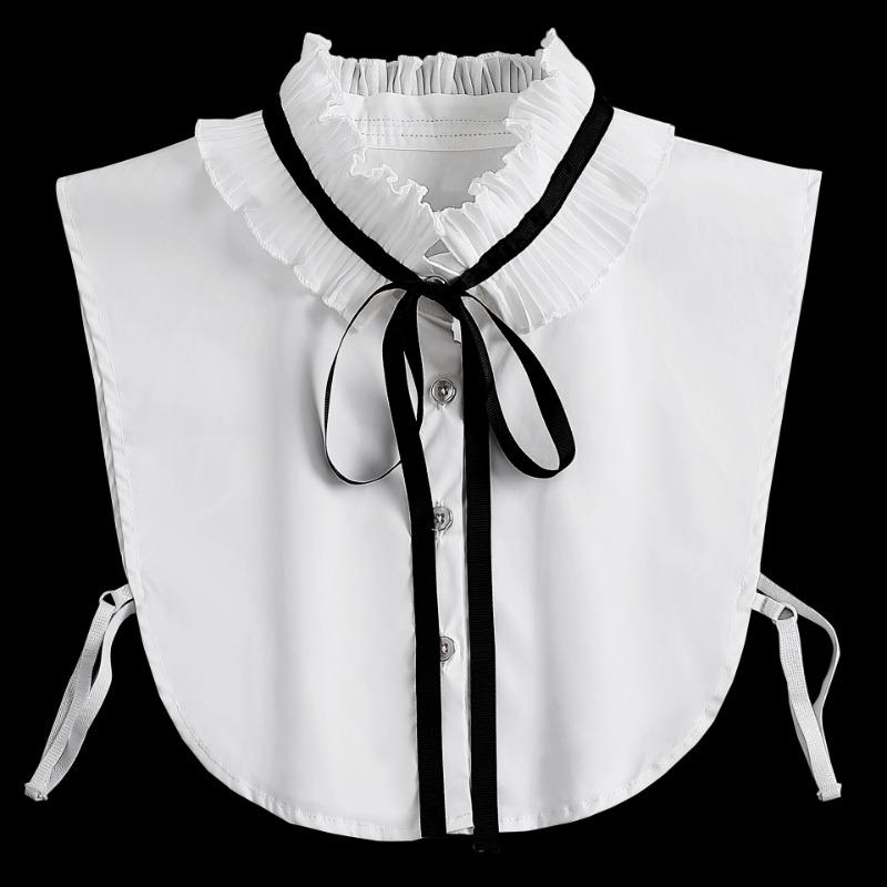Women Lace Pleated Stand-up Collar Bow Tie Shirt Fake False Collar Accessory Ladies Neckwear Half Shirt Detachable Collar