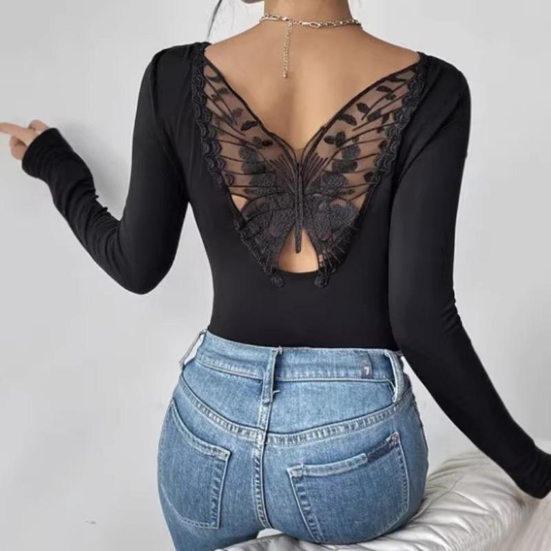 Spring and Summer Bottoming Shirt with Hollow Back Butterfly Long-sleeved T-shirt Slimming Top for Women