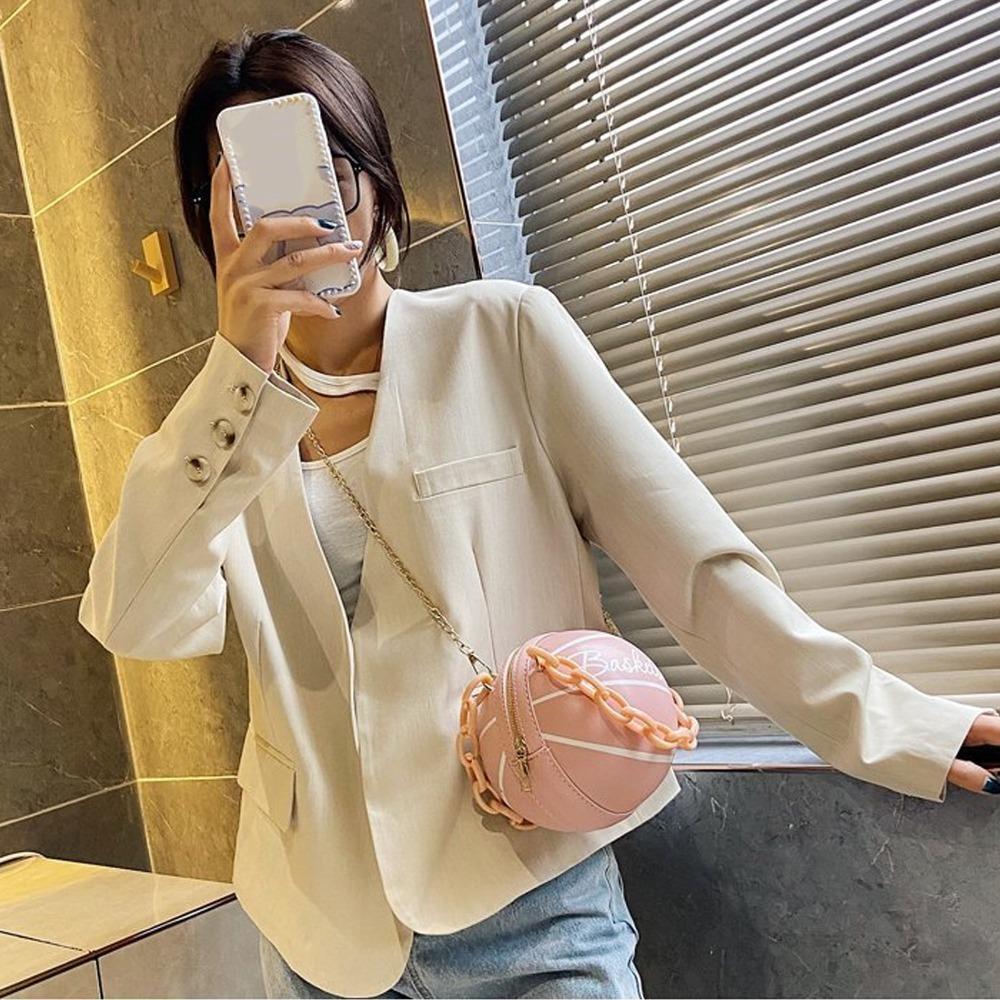 

PU Leather Basketball Shape Shoulder Bag Mini With Chain Shoulder Round Handbag Portable Mini Basketball Shaped Purses For Women розовый