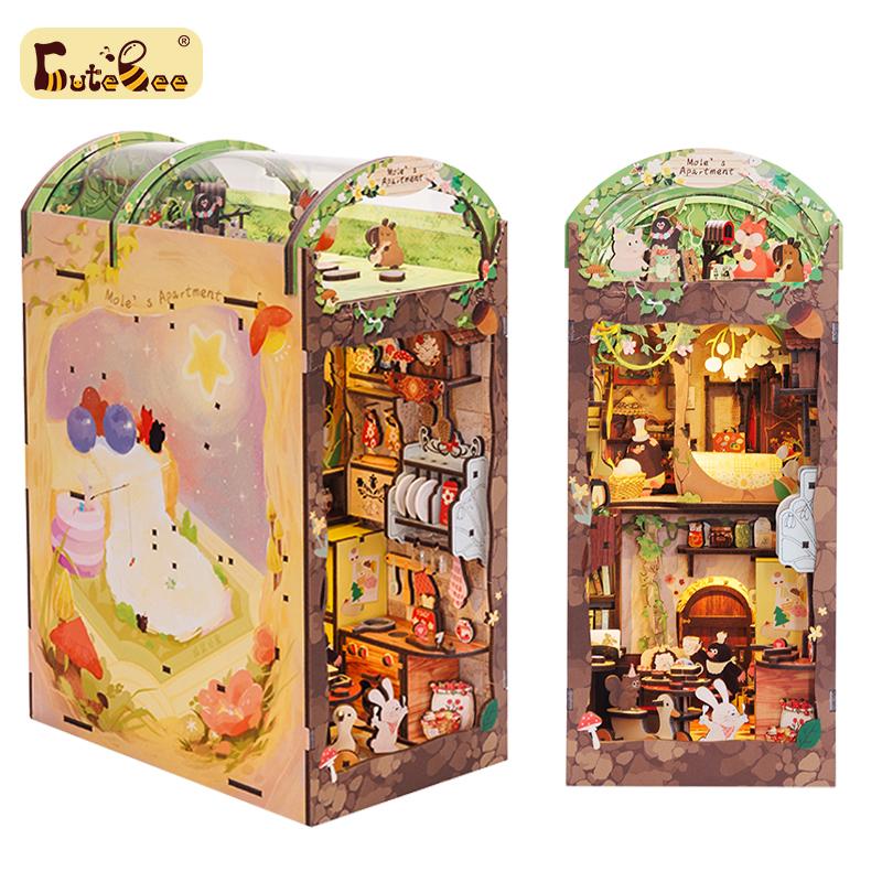 

Cutebee Набор для книжной полки 3D Деревянный пазл Книжная полка Румбокс Игрушка Квартира Крота Миниатюра с пылезащитной крышкой Светодиодная подсветка Книжная полка