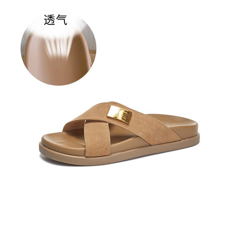 

Leather slippers women s 2025 summer new retro fashion outer wear sandals casual versatile half-drag women s flat women s shoes 40 хаки