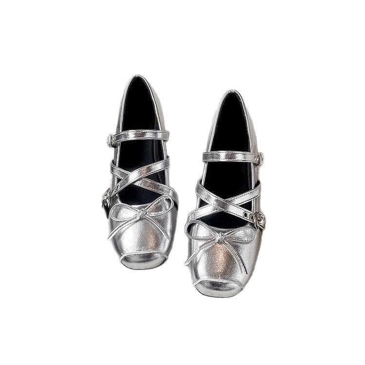 Silver Inner Height Increase Ballet Single Shoes Women's Summer 2025 New French Bow Mary Jane Shoes Flat Large Size Women's Shoes
