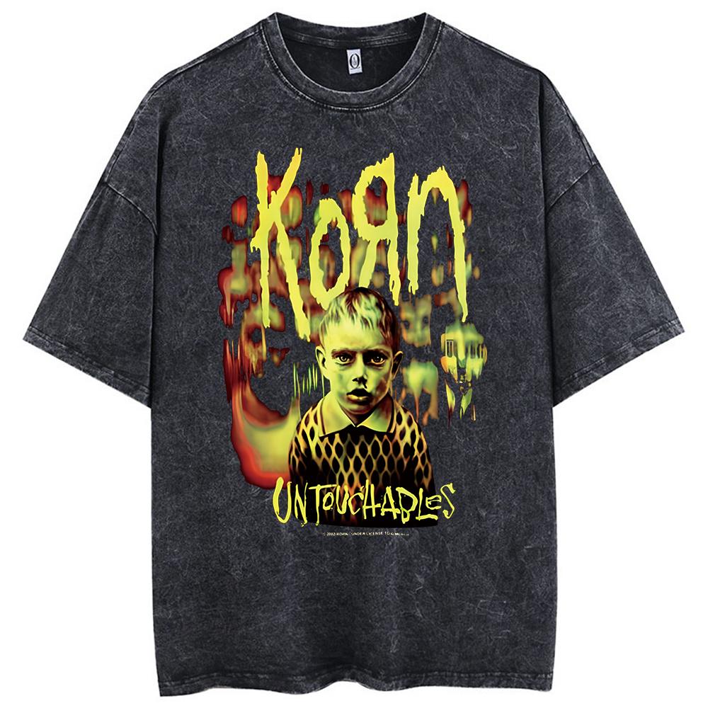 Washed Vintage Rock Band Korn Falling Away From Me Tshirt Skeleton Print T-shirts Men Fashion Gothic T Shirt Oversized Tees