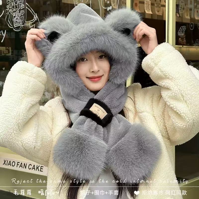 Plush Cute Fox Ear Hat Scarf One-piece Women's Autumn and Winter Hooded Scarf for Cycling and Keeping Warm