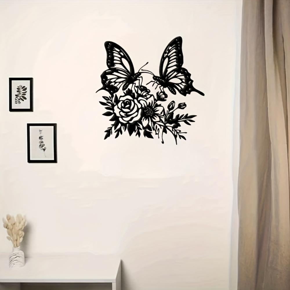 Butterfly Flower Metal Wall Art, Black Floral Bouquet Decor for Living Room, Valentine Wedding Mother Day Gift
