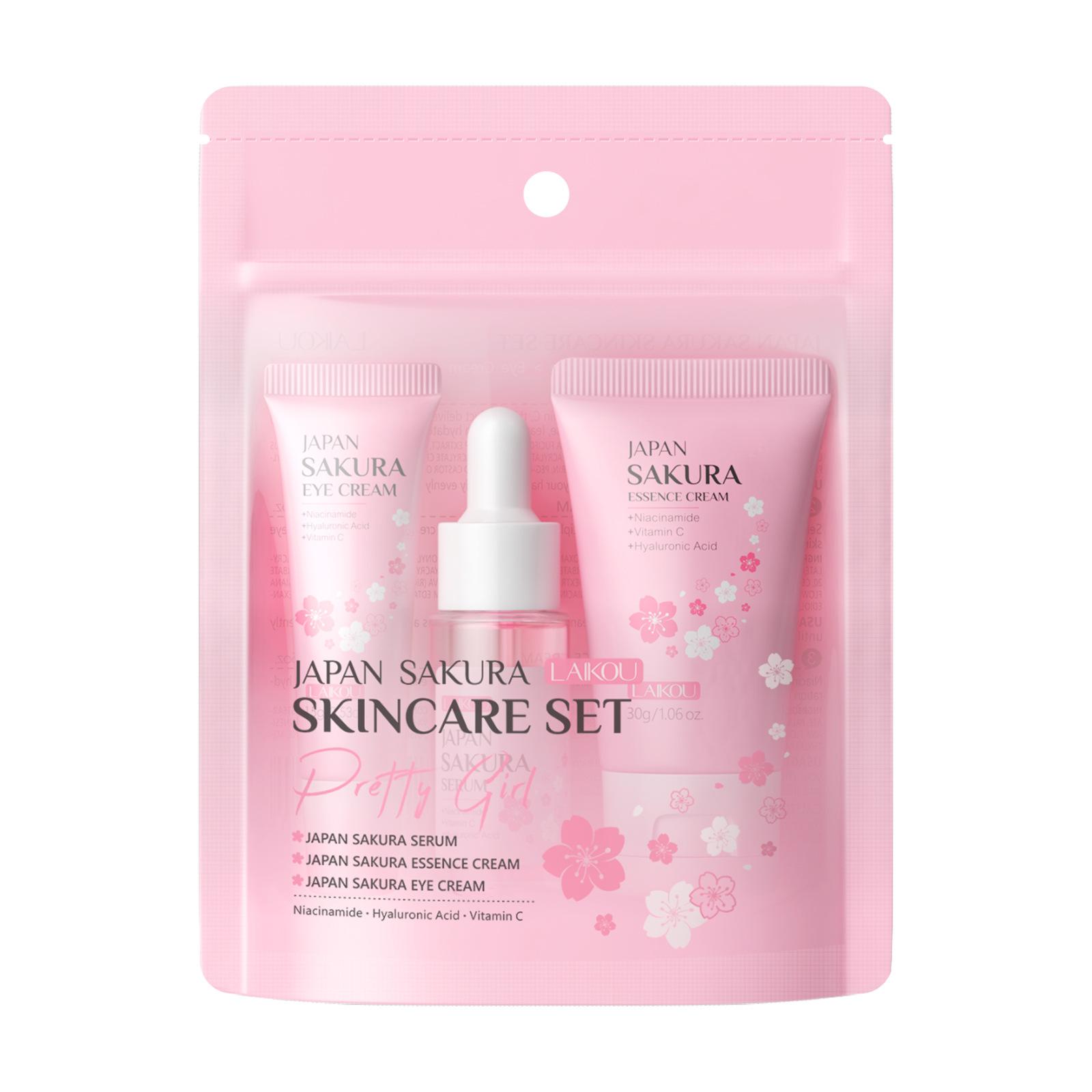 

Наборы и комплекты для ухода за кожей Sakura с очищающим средством, сывороткой, кремом для глаз, эссенцией, кремом для лица. Косметические продукты для женщин. Подарочные наборы. Рутина. Дорожный набор. Three-piece Set