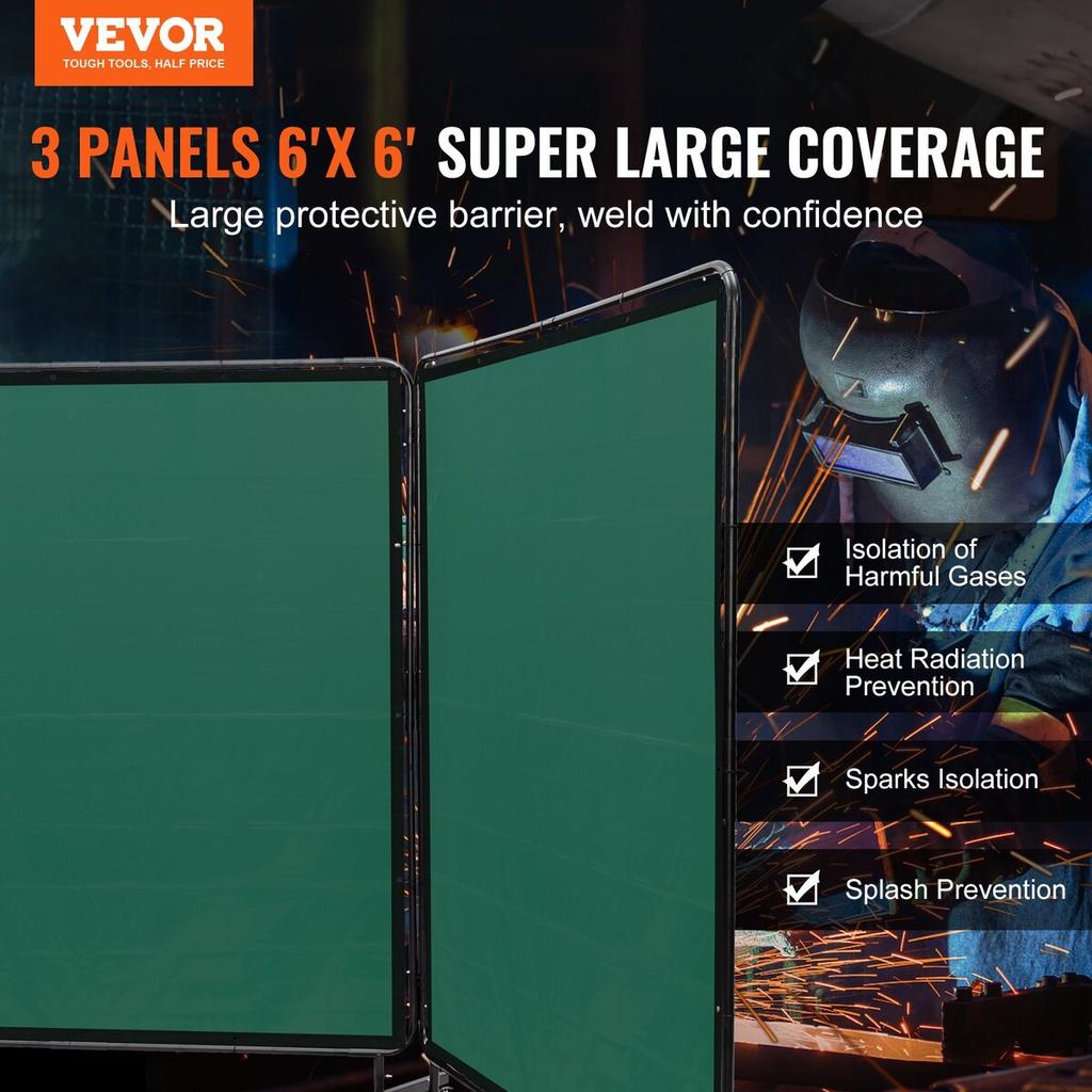 Welding Screen with Frame, 6' x 6' 3 Panel Welding Curtain Screens, Flame-Resistant Vinyl Welding Protection Screen on 12 Swivel Wheels (6 Lockable),