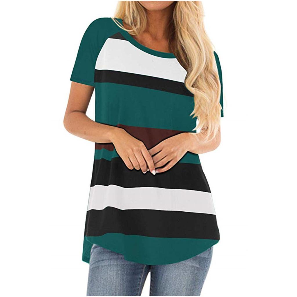 Round Neck Short Sleeve Striped Tops 