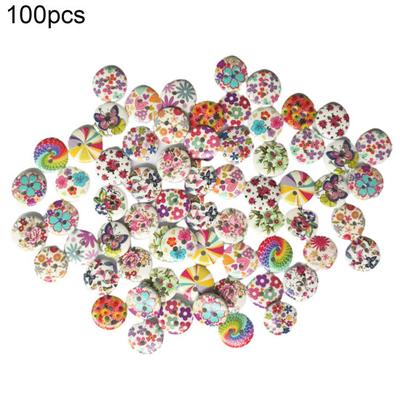 100Pcs Flower Print Wood Buttons 2 Holes Scrapbook Clothing Sewing DIY Crafts