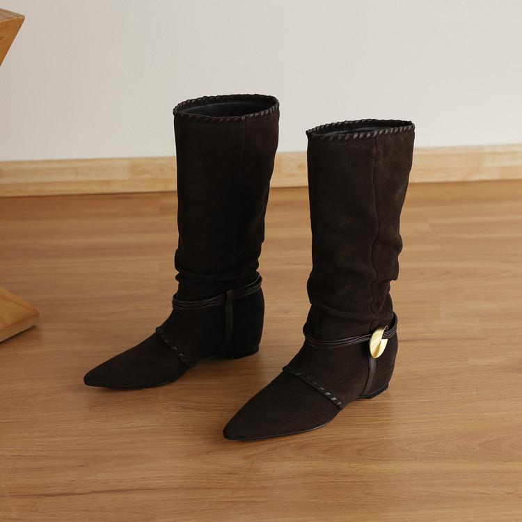 2025 новые остроносые западные ковбойские сапоги ретро замшевые с внутренней платформой сапоги на наборном каблуке до колена средней высоты сапоги Мартин 39 темно-коричневого 20200₽