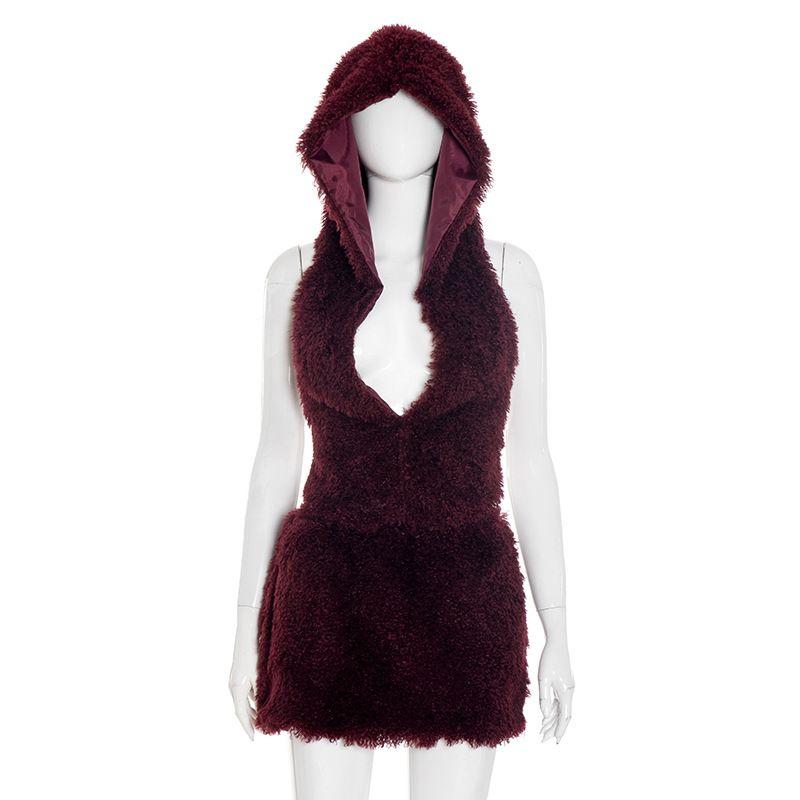 

Sexy Two-Piece Set Fashion Women s Artificial Wool U-Collar Hooded Open Back Tops Miniskirt Two-piece Set Suit Wine red L