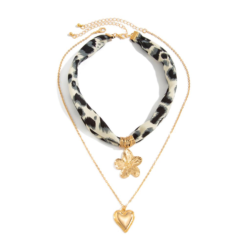 SHIXIN 2Pcs/Set Retro Flower Love Heart Pendant Necklace for Women Elegant Leopard Pattern Chiffon Fabric Choker Party Jewelry