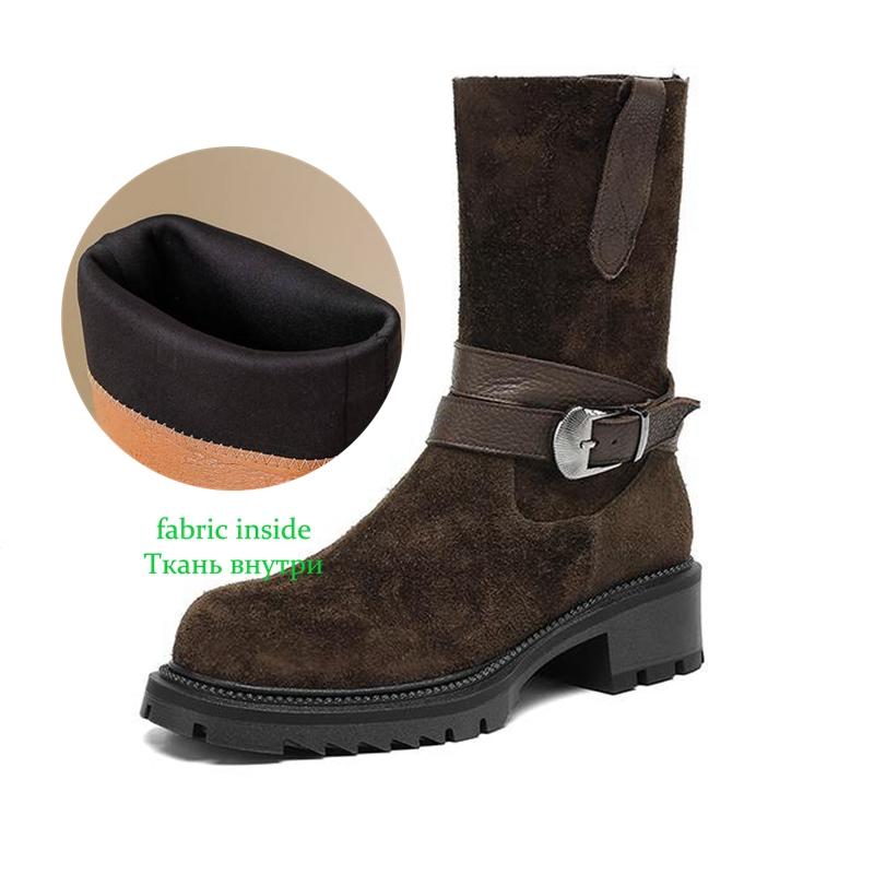 Krazing Pot Fashion Cow Suede Nubuck Winter Round Toe Modern Boots Med Heels Zipper Metal Buckle Mid-calf Boots