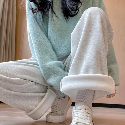 New Fleece Thickened Wide-leg Pants, Lamb Fleece Casual Pants, Tied Feet and Thin Straight White Gray Sweatpants for Women