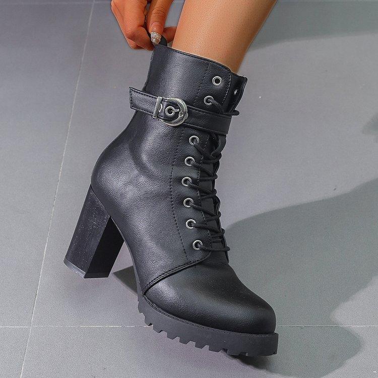 Large size lace-up fashion boots autumn and winter new high-heeled side zipper buckle belt low tube round head women's boots