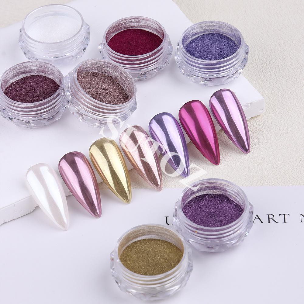 Red 7 Bottles Nail Art Mirror Powder Set - Fine Carving Silver Gloss Iridescent Powder