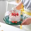 Green Ceramic Cake Pan Glass Cover Round Fruit Plate Cake Stand Snack Dessert Plate Decorative Display Tray Transparent Cover