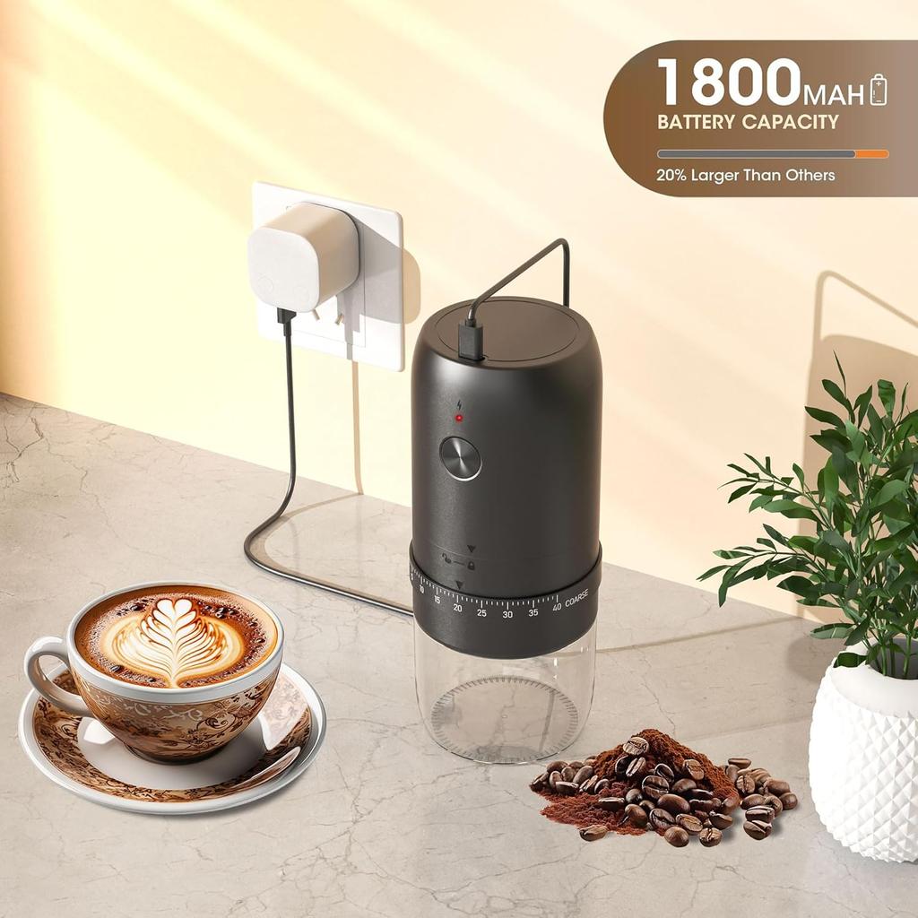Portable Battery Powered Burr Coffee Grinder 35g Capacity 1800mAh Rechargeable Coffee Bean Grinder with Conical Ceramic Burr