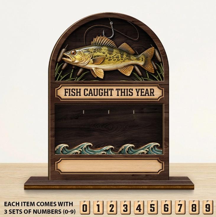 Personalized Fishing Wooden Sign 2-Layered Fish Caught Tracker Board with Number Tiles Custom Fisherman Gift for Husband Dad