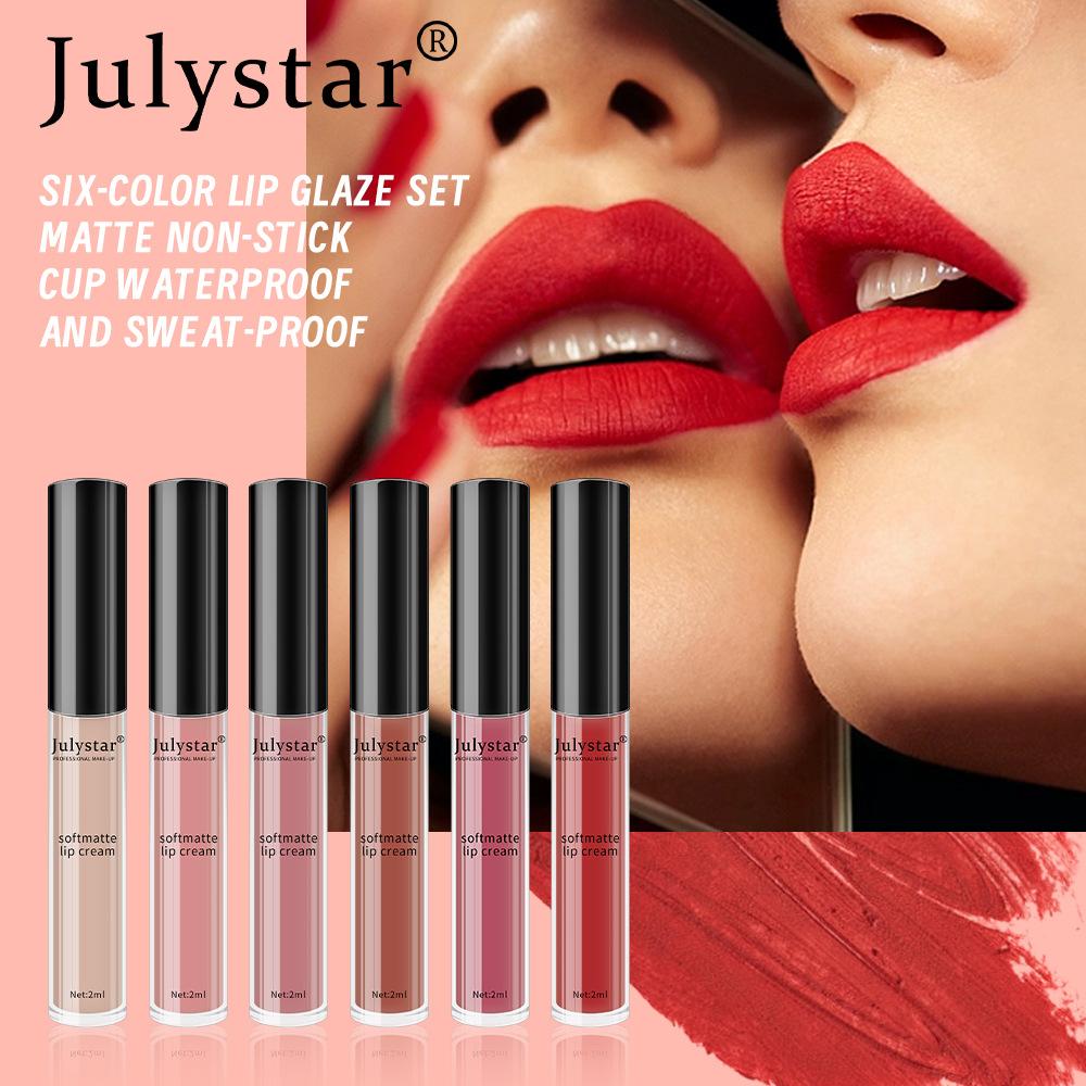 JULYSTAR Professional Soft Matte Lip Cream Set 6 Pieces Long-Lasting Waterproof Velvety Liquid Lipstick Nude Red Lip Makeup Gift Box for Women