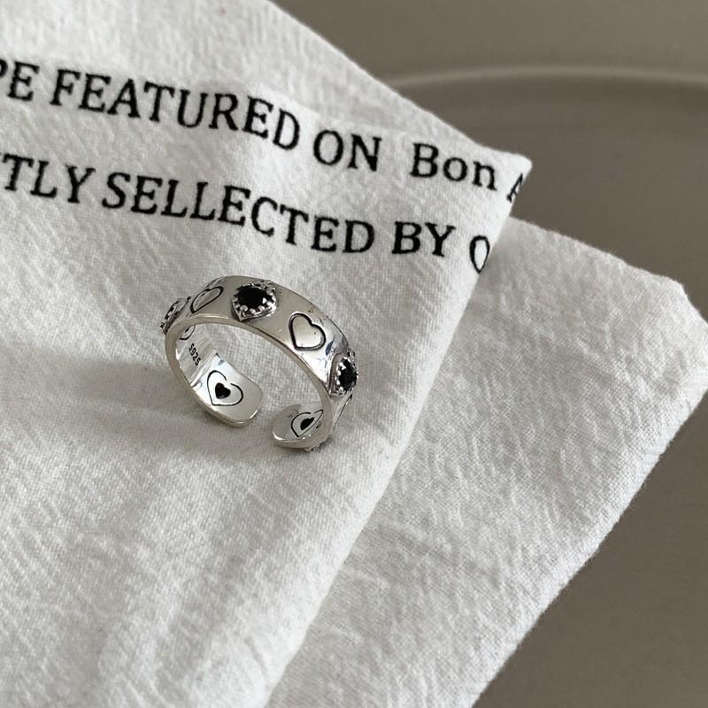 Trendy Open Adjustable Geometric Ring Design With Vintage Heart And Black Zircon Women For