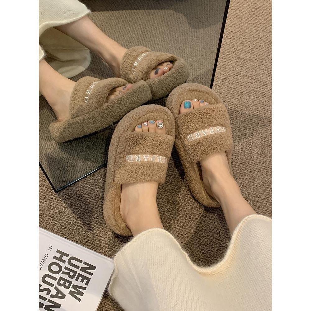 Mao Mao slippers women's wear 2025 autumn and winter new Korean version ins trendy shoes fluffy black home platform slippers