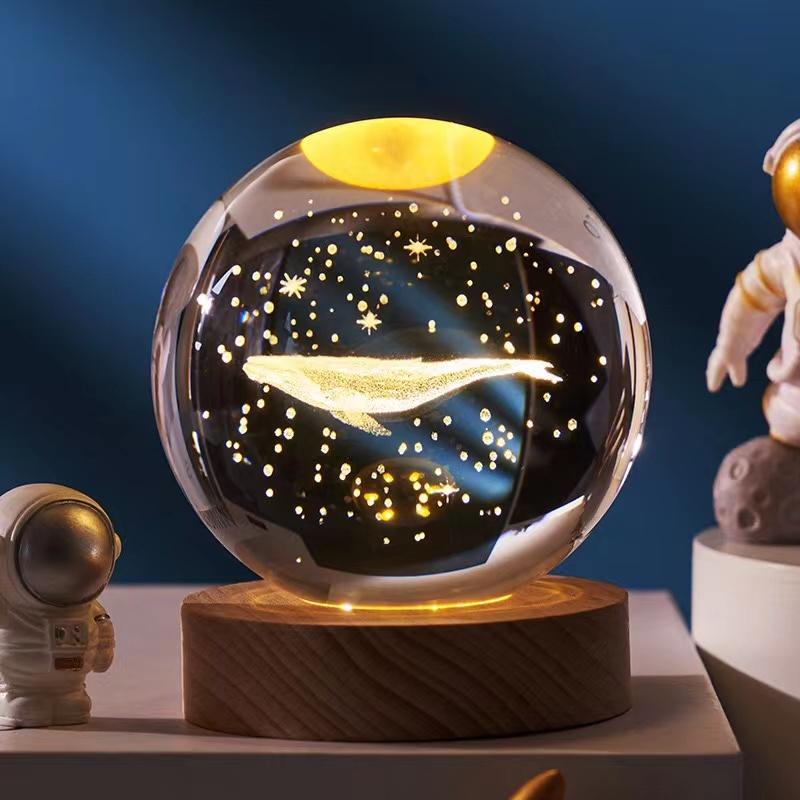 Crystal Ball With Wood Stand Laser Engraved 6CM Glass LED Crystal Ball Souvenir Gifts Home Decor Star Moon Night Light