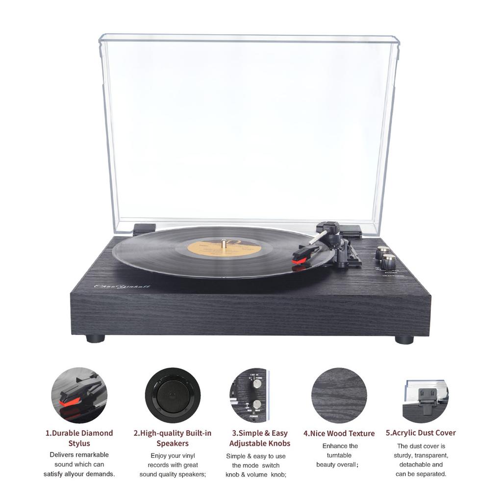 Records Turntable Record Player Built in Speakers Vintage Gramophone 3 Speed BT5.0 AUX in 3.5mm Output